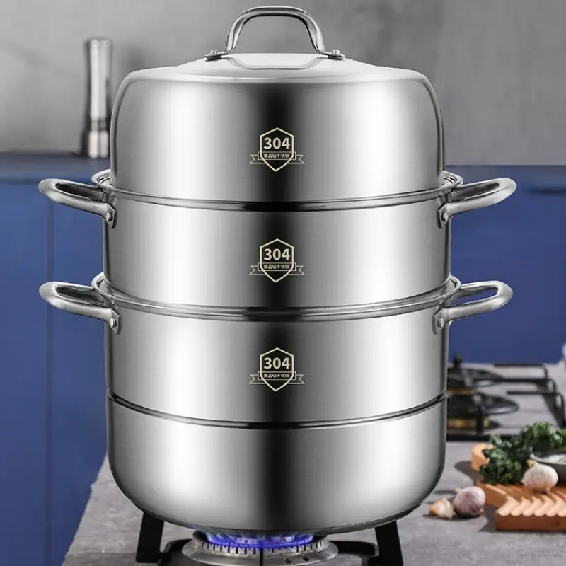 1pc large-capacity 304 stainless steel three-tier steamer pot for household use. It is suitable for steaming buns, mantou and seafood, practical cooking cookware for traditional Chinese kitchens.