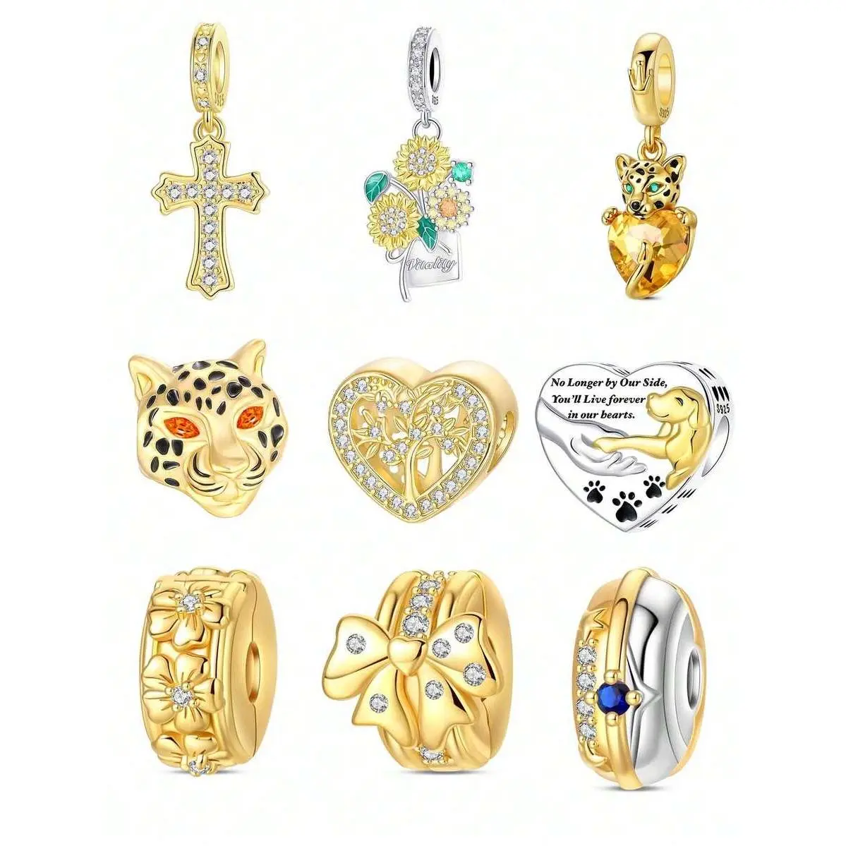 Silver-Plated Pendant Charms Collection: Cross, Leopard Print Bow, Clover, Tree, Heart, Golden Beads, Suitable For DIY Bracelets And Women Jewelry