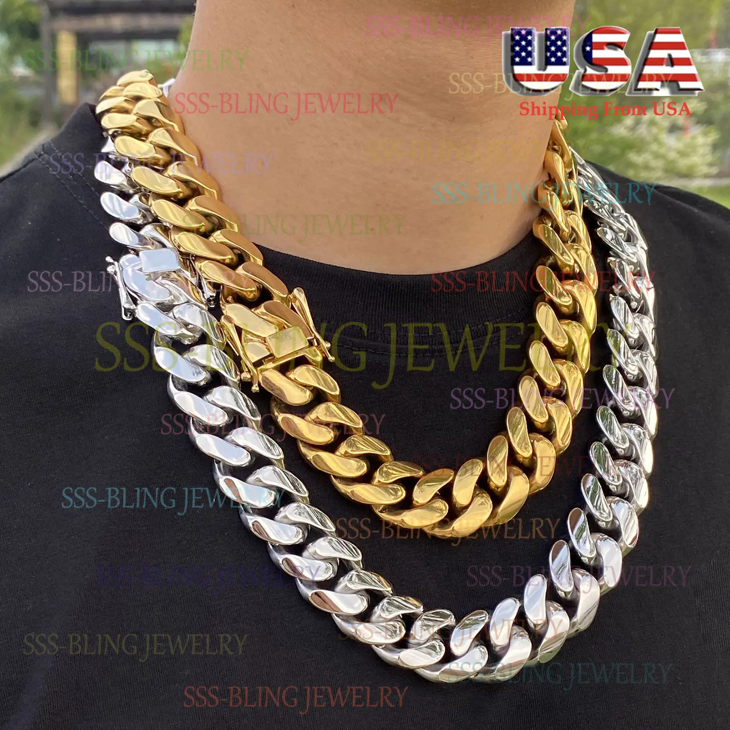 Stainless Steel Huge Heavy Mens Miami Cuban Link Chain Necklace +Brass Clasps Hip Hop Mens Chunky Necklace 14K Yellow Gold/Silver High Polish