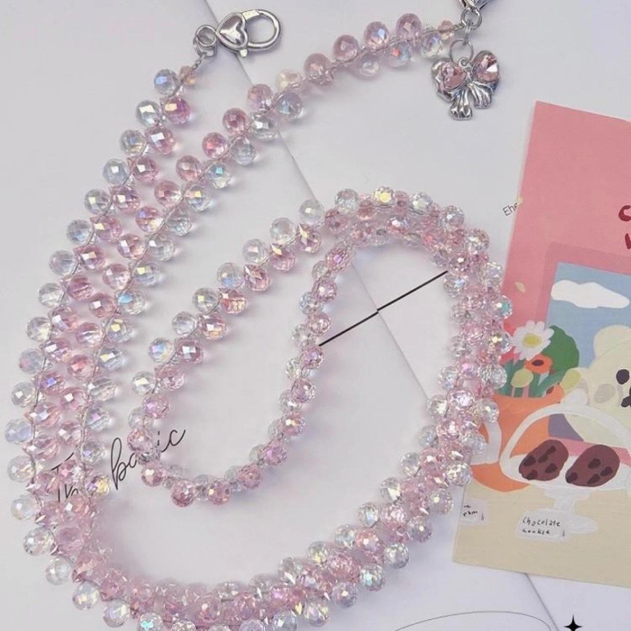 Original design mobile phone lanyard, long chain, handmade, strawberry pink and white crystal lanyard, crossbody shoulder strap, neck strap, bag chain