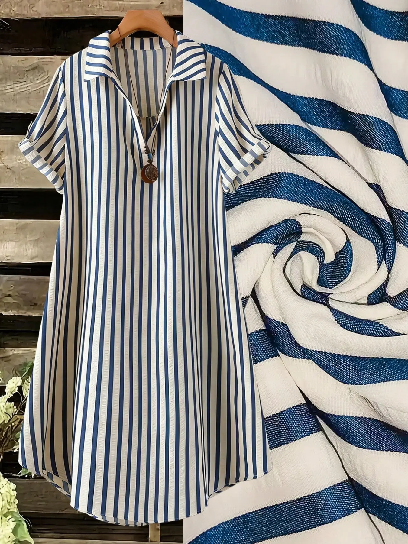 Women's Plus Size Striped Knee-Length Shirt Dress, Button-Collar Design, Casual Wear, Rolled Hem, Half Sleeve, Perfect for Vacation Ly6036