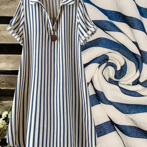 Women's Plus Size Striped Knee-Length Shirt Dress, Button-Collar Design, Casual Wear, Rolled Hem, Half Sleeve, Perfect for Vacation, Casual Summer Dresses Ly6036