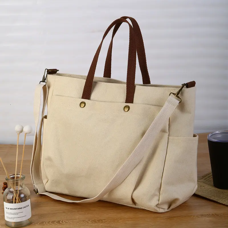 Heavy Duty Thickened Canvas Tote Bag Equipped With Adjustable Crossbody And Hand Straps Wear Resistant Neat Stitching Spacious Storage Soft Neutral Tone For Female Students School Daily Literary Casual Versatile Carry Handbag