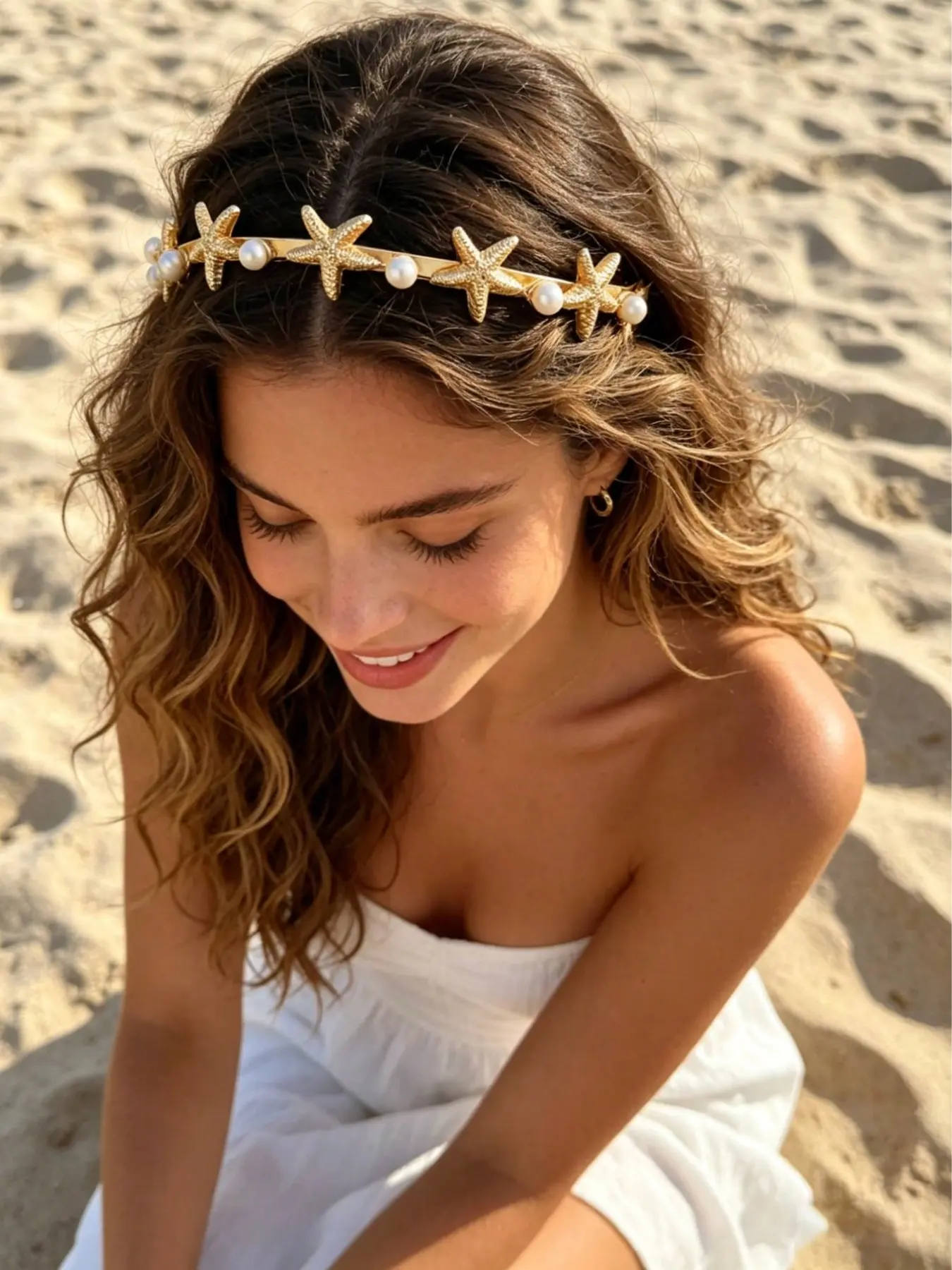Starfish Headband for Women, Elegant Pearl Shell Hair Hoop, Ocean-Inspired Metal Accessory, Summer Beach Party Wear