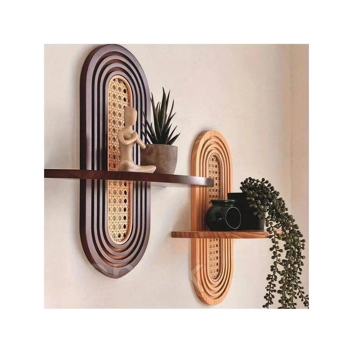 1pc Arched Bohemian Wall Shelf - Natural Wood & Woven Rattan Back, Easy Hanging, Home Decoration Shelves for Living Room/Bedroom (Plant/Photo Display Organizer)