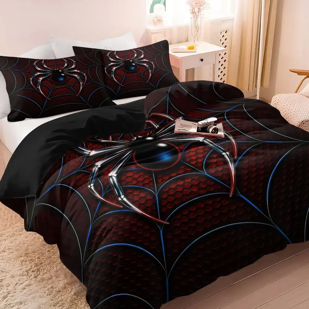 2/3Pcs Spider Web Print Duvet Cover Set, Gothic Style Bedding Set with Pillowcase, Soft Microfiber Bed Cover for Teen Boys Bedroom Decor, Full/Queen/King Size Bedding No Fillers