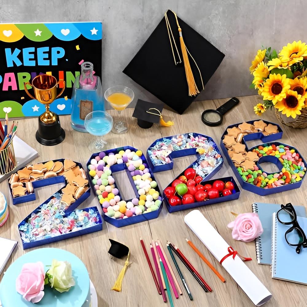 4 Pcs 2026 Graduation Fillable Number Trays 10" Cardboard Charcuterie, Dessert & Snack Serving Trays for Class of 2026 Party Supplies