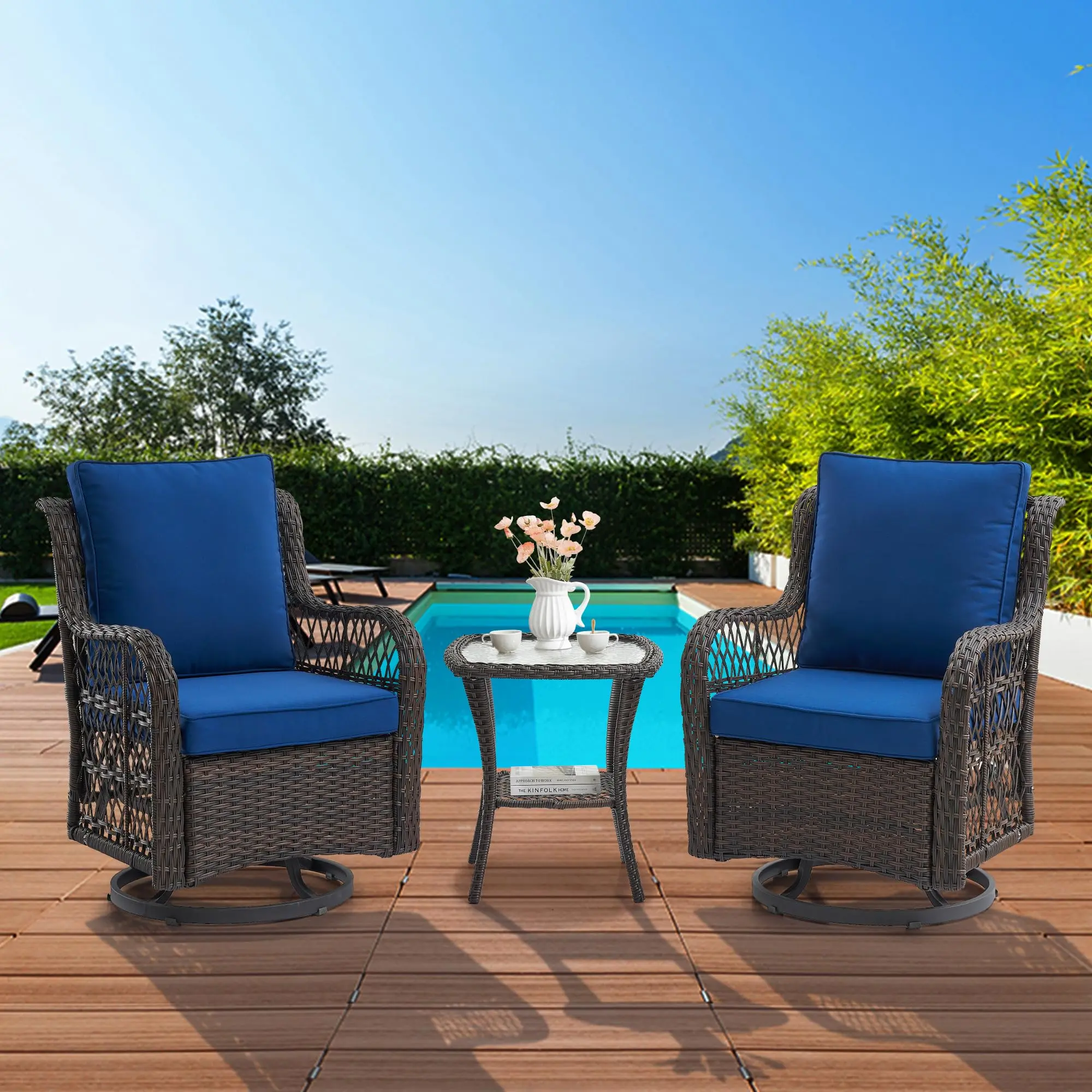 GARVEE 3 Piece Patio Furniture Sets Wicker Swivel Rocker Chairs, Swivel Rocking Chairs Set of 2 with Rattan Side Table, 360-Degree Swivel Rocking Chair for Patio Porch Pool (Dark Brown)