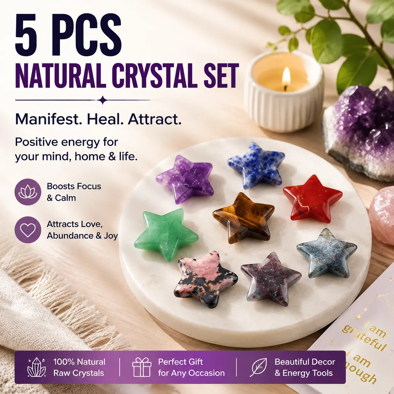Natural Healing Crystals Set, 5 Pcs Tumbled Pocket Stones with Amethyst & Rose Quartz, Spiritual Home Ornament for Soothing Energy, Crystal Decorative Stones, Spiritual Room Decor, Natural Crystal
