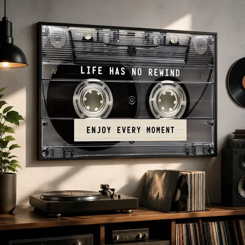Vintage Cassette Tape Wall Art Print - "Life Has No Rewind" Motivational Unique Room Decor, Retro Music Aesthetic, 2026 Trendy House Decor, Gift for Music Lovers, Living Room Decoration, Studio Accent