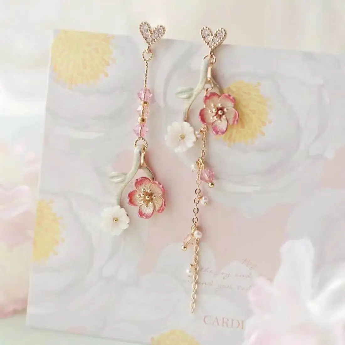 Fairy Cherry Blossom Asymmetric Rhinestone Dangle Earrings, Cute Romantic Floral Long Tassel Ear Studs, Sparkling AB Crystal Fashion Jewelry for Women, Trendy Statement Earrings for Party, Date Night, Travel & Daily Wear