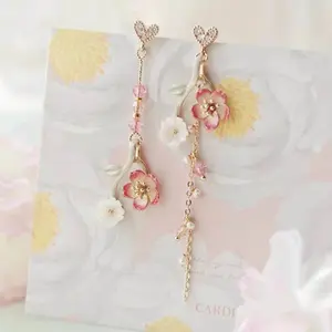 Fairy Cherry Blossom Asymmetric Rhinestone Dangle Earrings, Cute Romantic Floral Long Tassel Ear Studs, Sparkling AB Crystal Fashion Jewelry for Women, Trendy Statement Earrings for Party, Date Night, Travel & Daily Wear