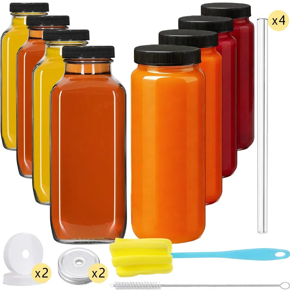 Glass Bottles with Lids, 8 pcs Set Glass Juice Bottles, 480ml Reusable Wide Mouth Glass Bottles with Lids, Clear Glass Juice Bottles for Milk, Hot Cold Drinks, Homemade Beverages, Reusable Water Bottles