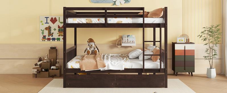 full Over full Rubber Wood Bunk Bed with 2 Drawers, Convertible into 2 full Beds, full Size Bunk Bed with Ladder and Safety Guardrails ,Espresso