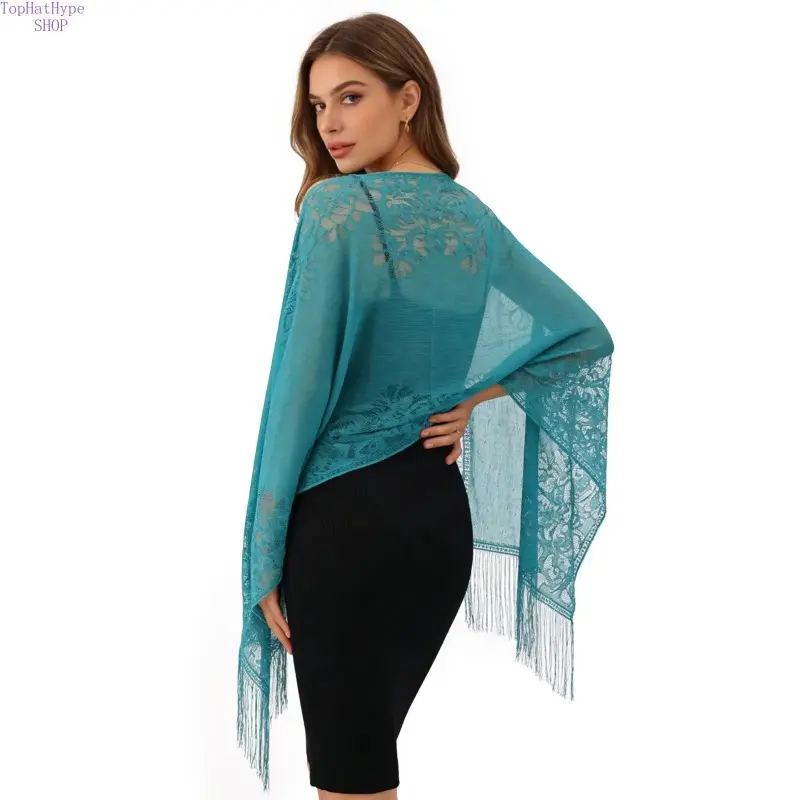 Women's Plain Silk-Like Shawl - Baroque Hollow-Out Sheer Fringed Scarf, Lightweight Sun Protection Wrap for Christmas, Engagement, Everyday Wear, Every Day, Anniversary