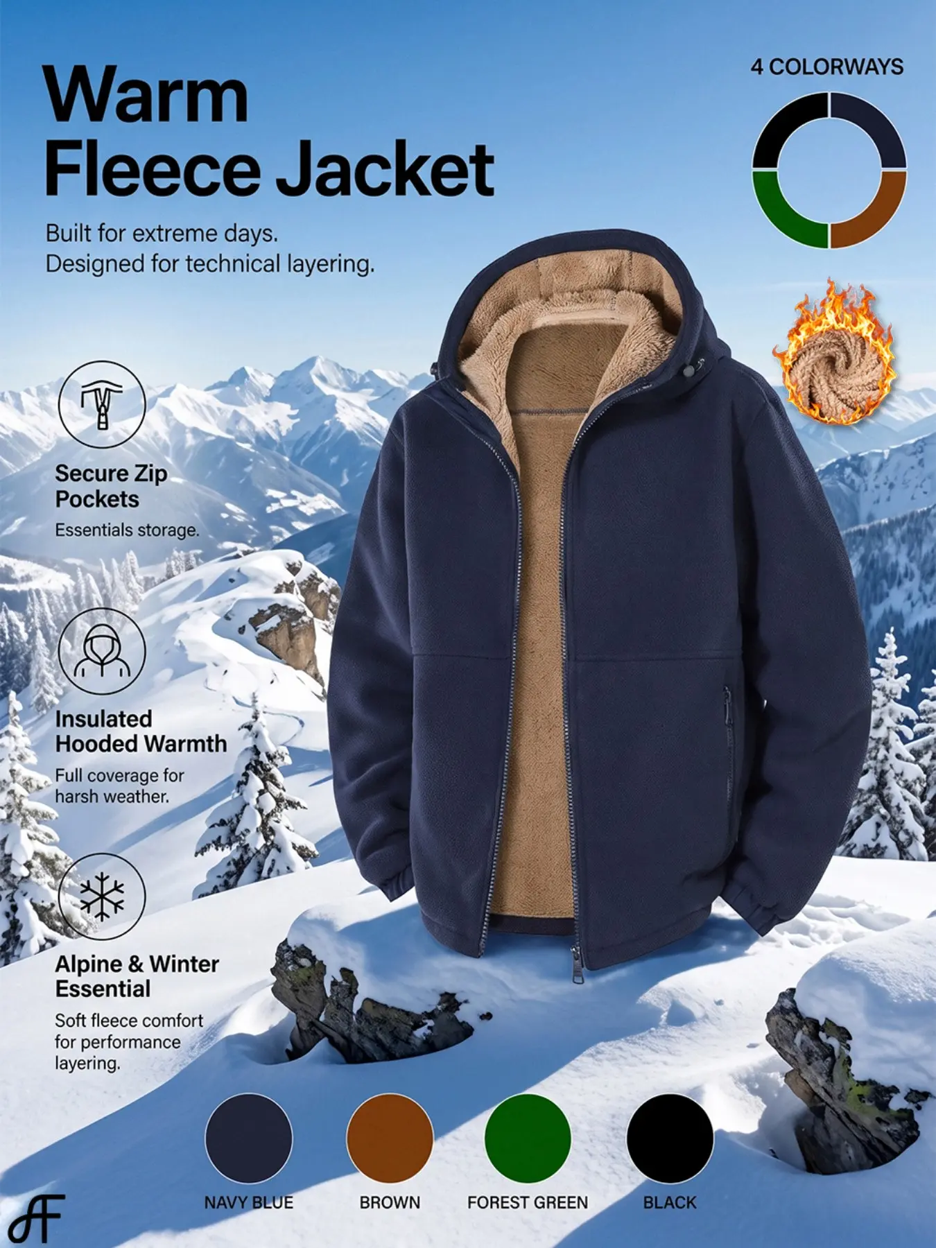 FF Men's  Fleece Lined Zip-Up Hooded Jacket | Thermal Winter Windproof Coat | Casual Outerwear for Hiking, Camping, Skiing, & Everyday Street Style