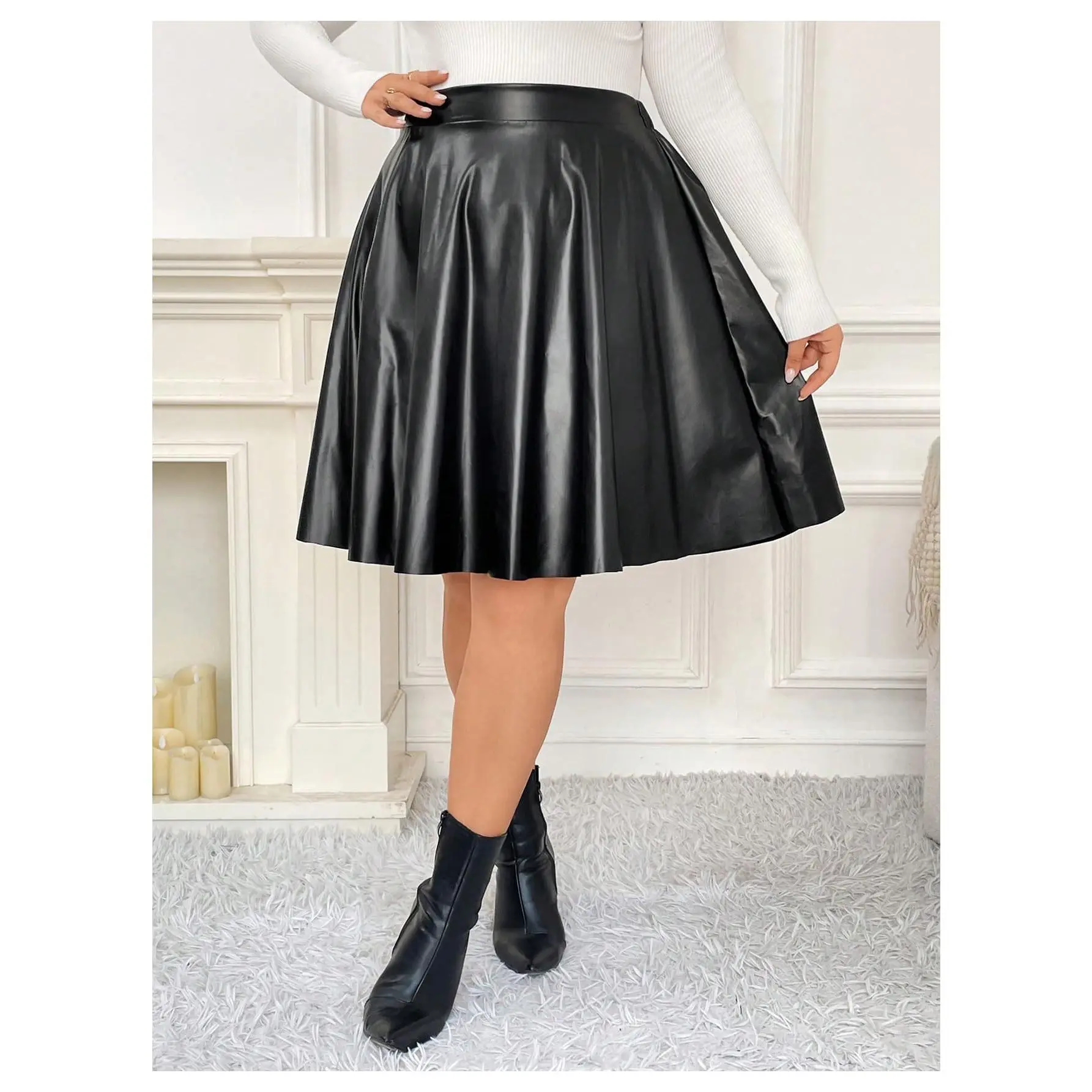 Plus Size Pleated Skirts PU Leather Skirt High Waist Flared Skater Skirt