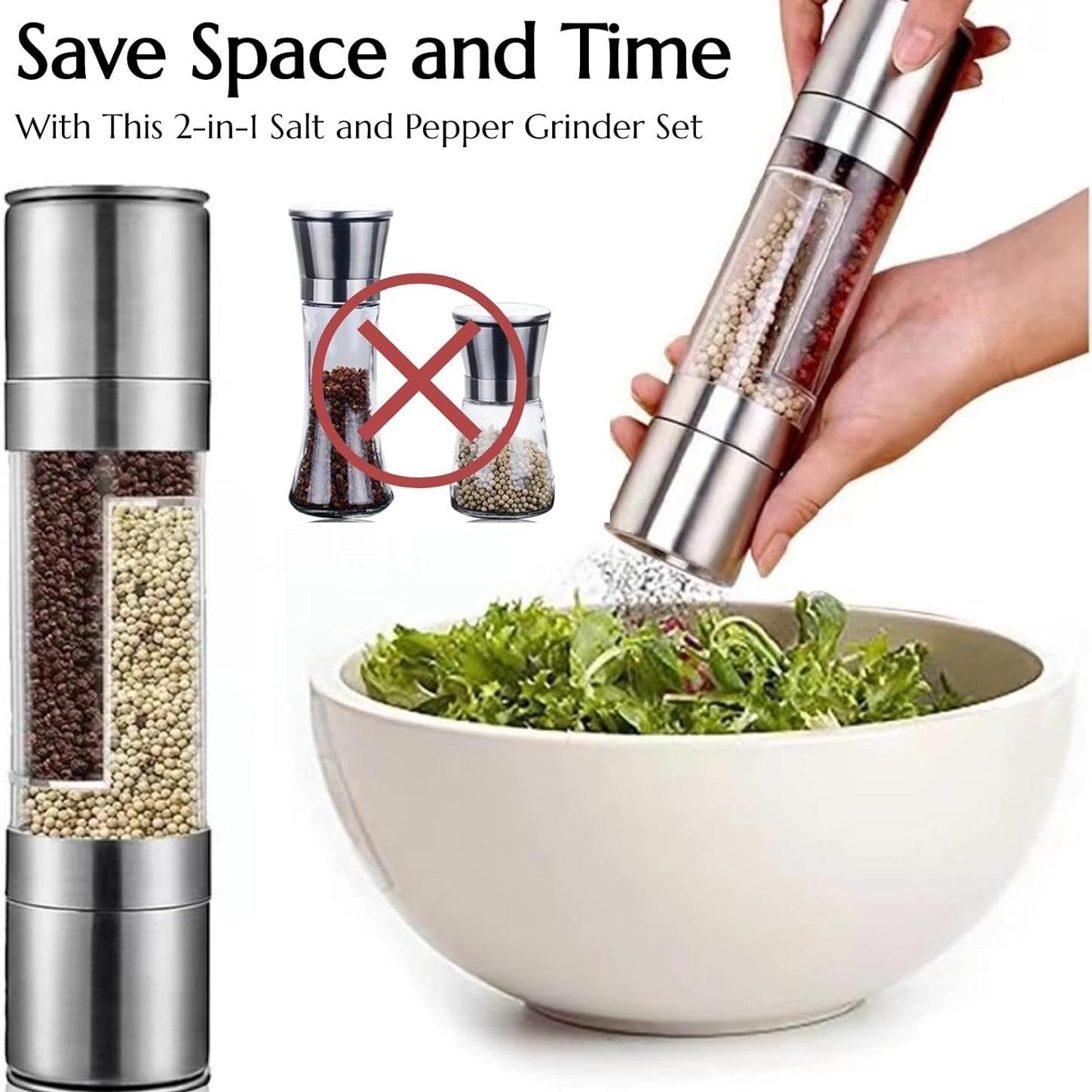 2 in 1 Salt & Pepper Grinder, 1 Count Stainless Steel Manual Salt & Pepper Mill Grinder, Salt Grinder Refillable, Kitchen Seasoning Utensils