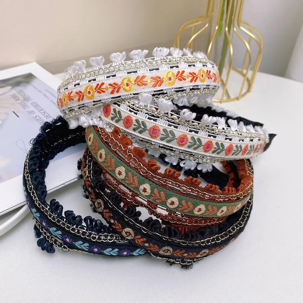 Boho Ethnic Floral Embroidery Fringe Trim Thin Headband Woven Fabric Hair Hoop Women Vacation Festival Hair Accessory, Beach, Female, Lightweight, Thin Band, Fashion Headbands, Picnic, Daily Boho Casual