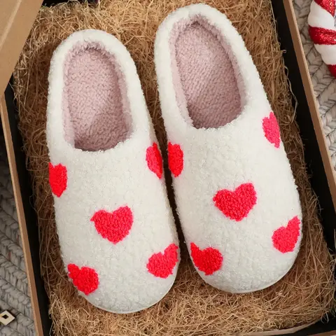 Women's Cute Heart Pattern Plush Slippers, Casual Soft Comfortable Home Slippers, Warm Slippers Footwear for Indoor & Outdoor Use for Fall & Winter, Fuzzy House Slippers, Fluffy House Slippers, Casual Slipper Shoes
