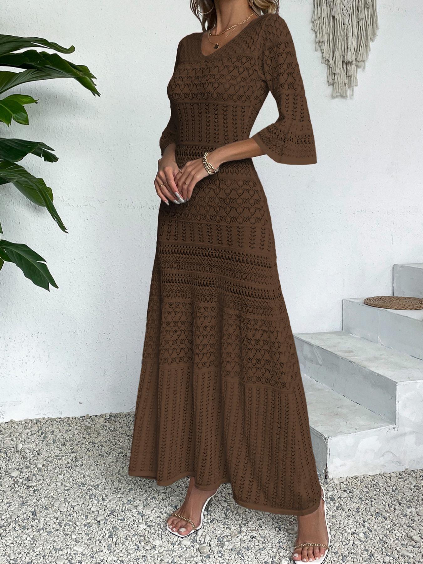 Elegant V-Neck Knit Dress, Hollow Out Design, Casual Fitted Long Skirt, Spring & Summer Beach Vacation Wear, Random Pattern, Lady Womenswear