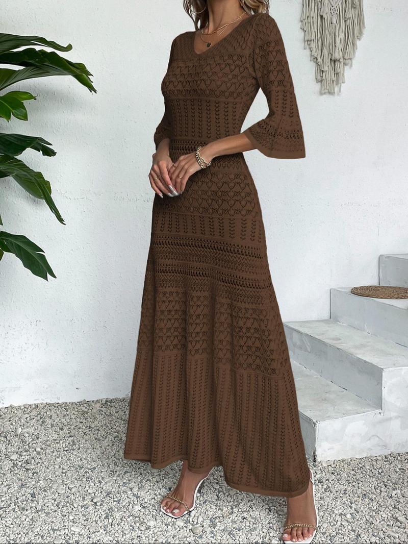 Elegant V-Neck Knit Dress, Hollow Out Design, Casual Fitted Long Skirt, Spring & Summer Beach Vacation Wear, Random Pattern