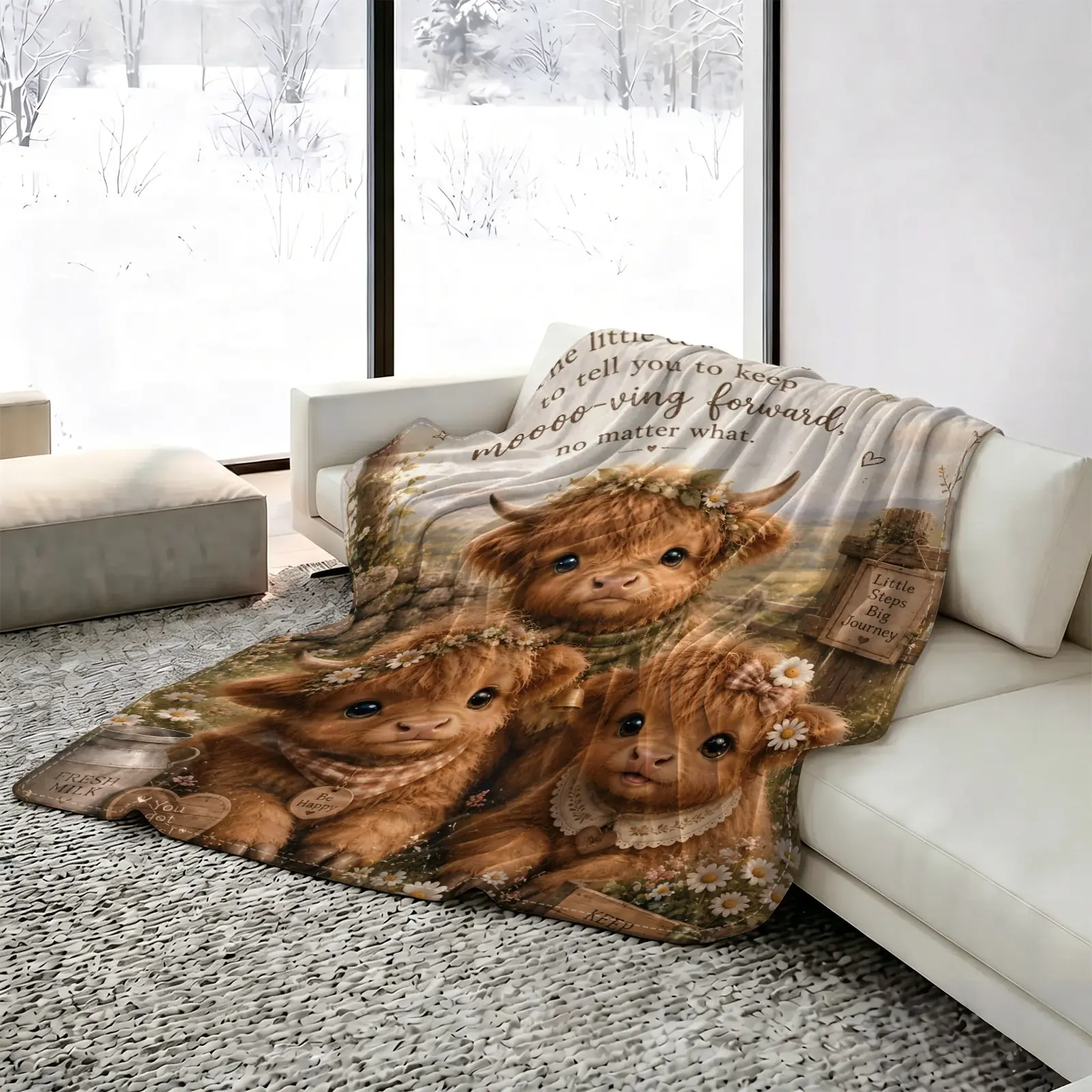 Cute Highland Cow Summer Cooling Sensation Bedding: Lightweight, Cool Touch blanket (Q-Max >0.25) featuring Three Baby Cows and a daisy floral print.country style—soft, Breathable, and comfortable; ideal for children and those sensitive to heat.