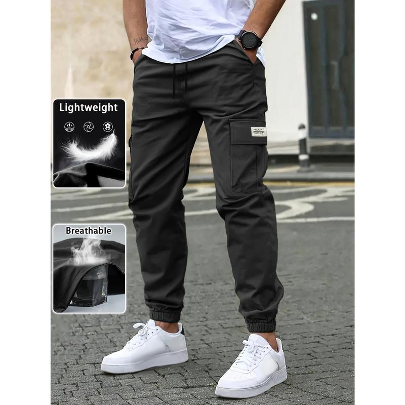 Men's 2-Tone Cargo Trousers - Menswear Athletic Pants, Lightweight Breathable Polyester Blend Fabric, Multi Pockets, Matching Belt, Elastic Mid Waist, Casual Fit, Machine Washable, Regular Leg, for Spring Fall Outdoor Use