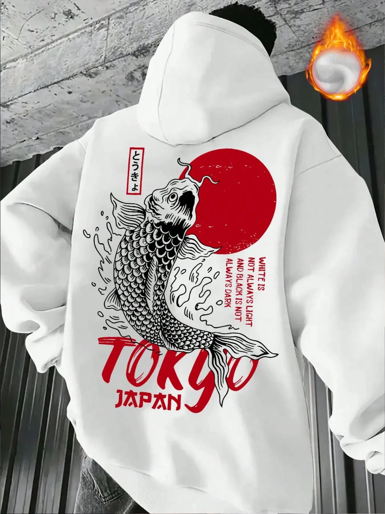 Men's Loose Fitted Hooded Sweatshirt, Back Print Koi Sun Tokyo Pattern, Warm Drawstring Streetwear, Fall Winter Daily Wear