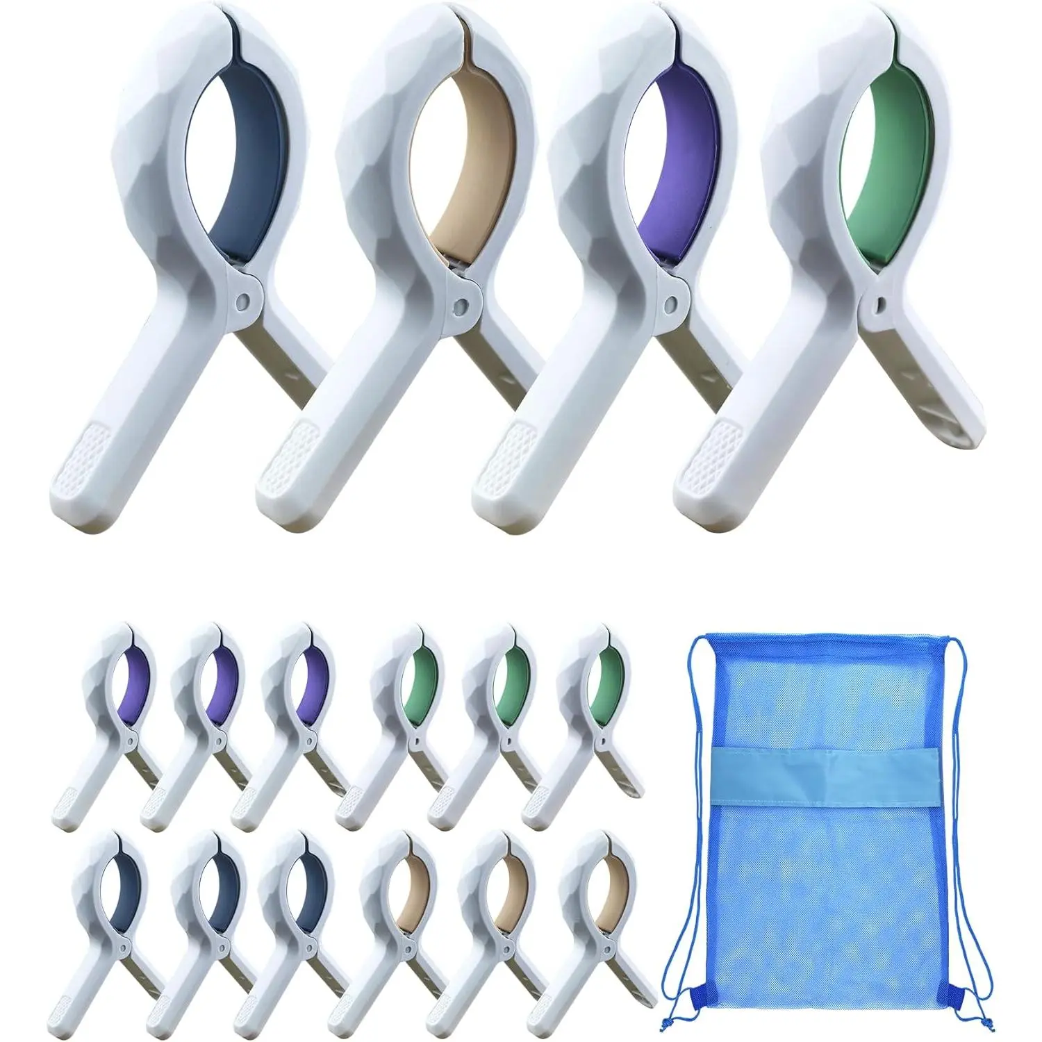 Beach Towel Clips 12 Pack - 5.5 Inch Heavy Duty Towel Clips for Beach Chairs, Cruise, Pool - Non-Slip  Pad, Rust-Resistant Stainless Steel Spring, Includes Mesh Bag, 4 Colors