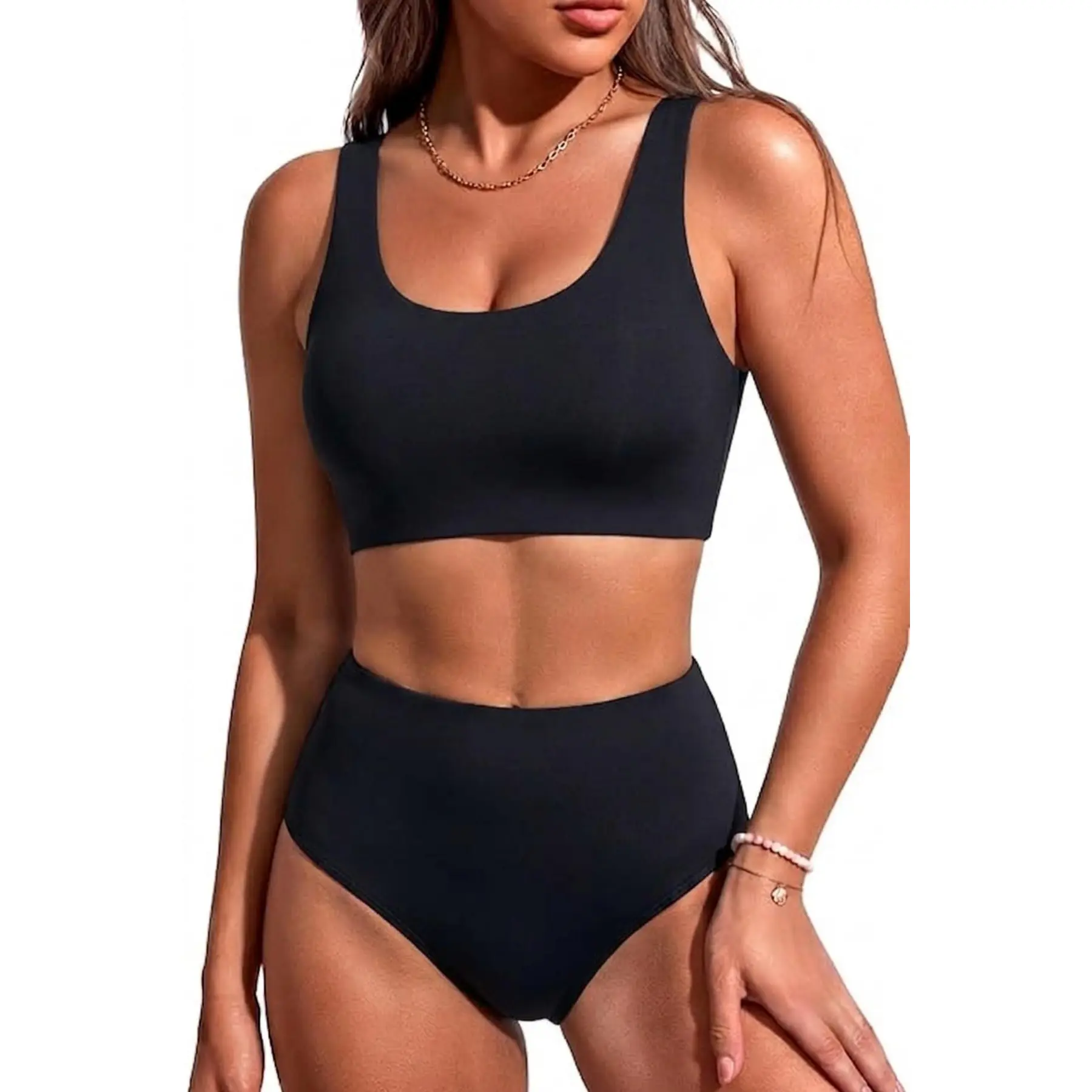 Holipick Women High Waisted Two Piece Bikini Sports Crop Top Swimsuit Scoop Neck Bathing Suit for Teen Girls with Bottom