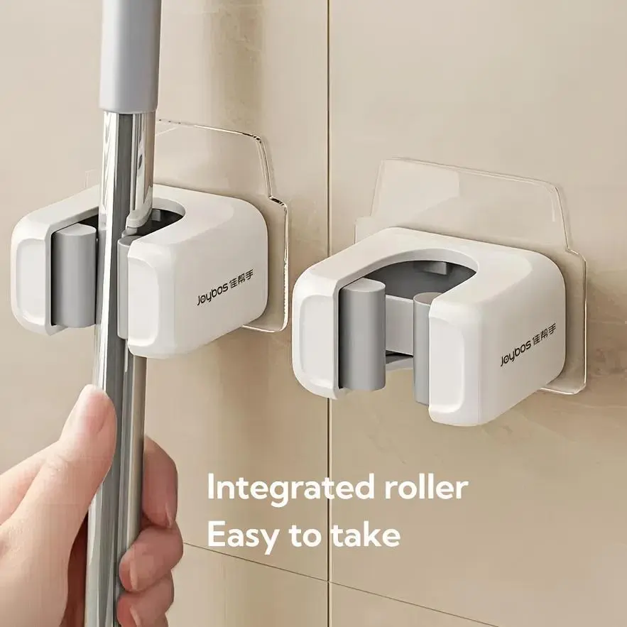 ABS Plastic 2-Pack Wall-Mounted Mop and Broom Holder, No-Drill Adjustable Storage Rack with Practical Hooks for Bathroom, Kitchen Home Organization, Minimalist Decluttering