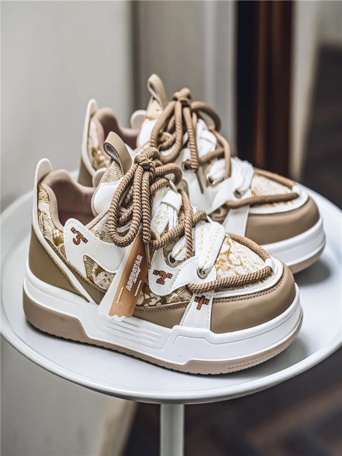 Men Retro Jacquard Print Skate Casual Sneakers Chunky Platform Double Laces Strap Decor Soft Cushion Daily Walking Shoes