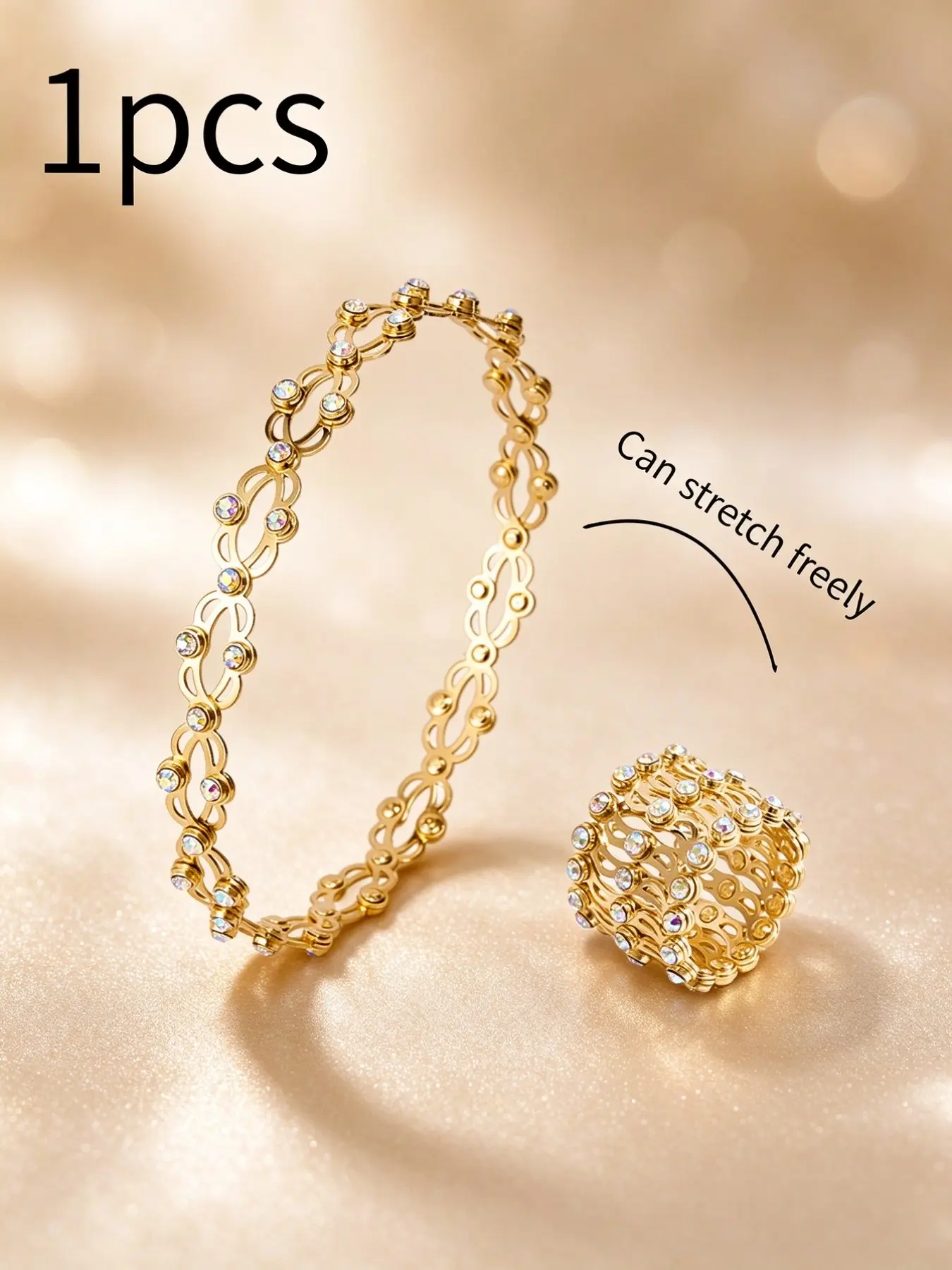 Magic Pull Stretch Ring Bracelet, Shimmering Stone Detailed 2-in-1 Ornament, Freely Switchable Ring and Bangle, Fashion Accessory for Club Night, Dinner, Travel Look, Special Gift for Ladies