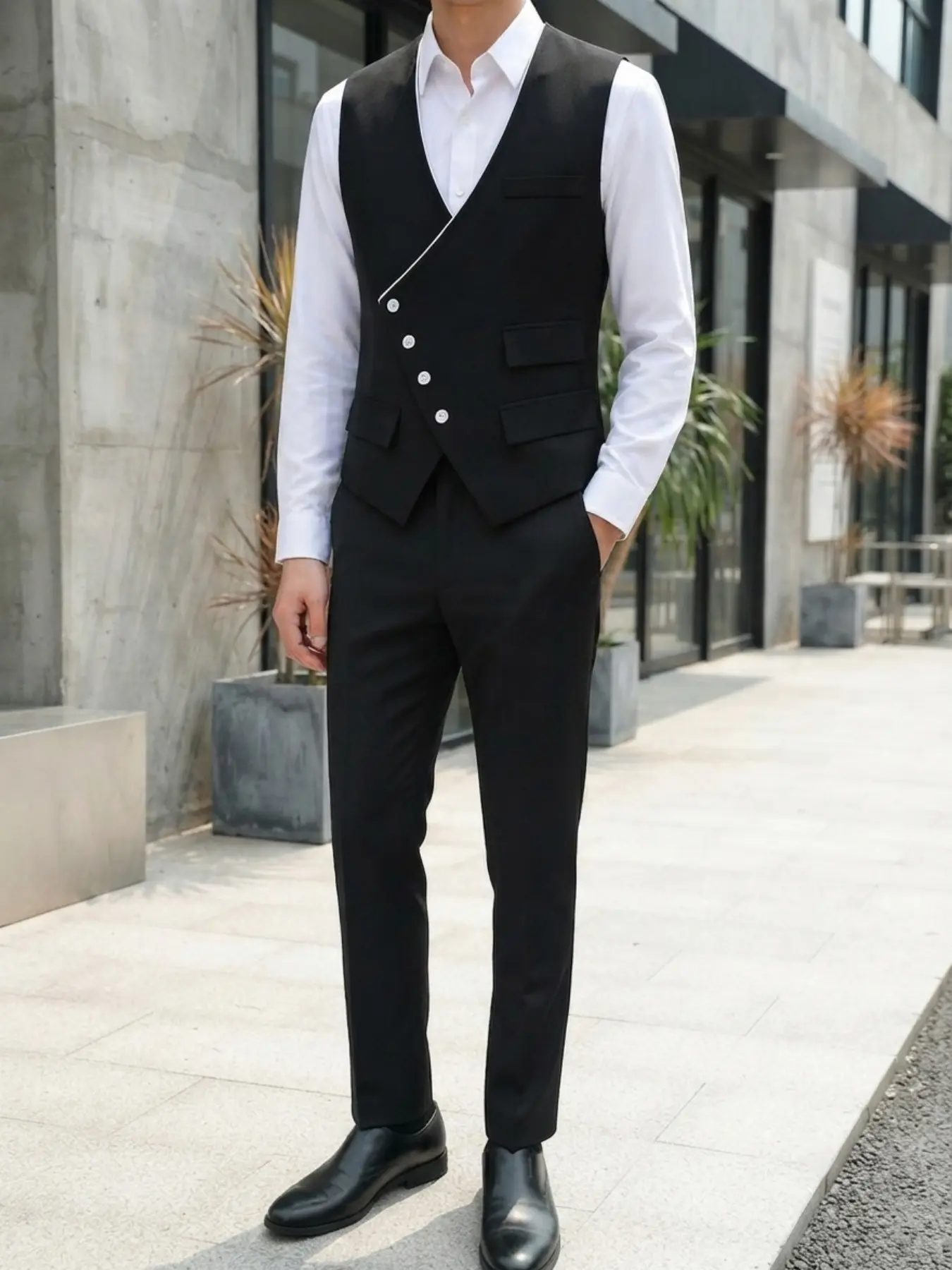 Teen Boys Black 2 Piece Vest Suit Asymmetric Elastic Waist Formal Outfit for Graduation Prom Wedding Homecoming Back to School Events Outfit Sets