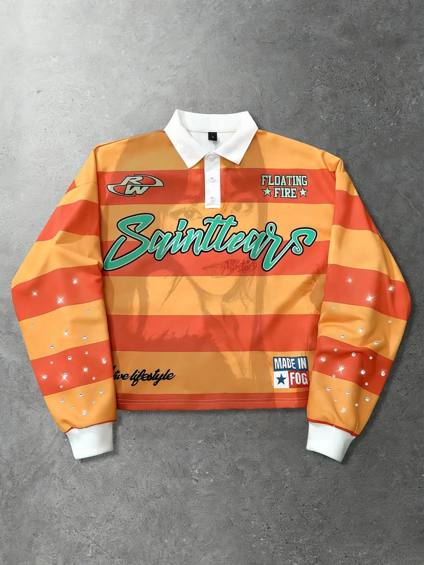 Sainttears Retro Streetwear Orange-Red Striped Short-Sleeve Polo Shirt, Unisex, Y2K American Street Style, Rhinestone Print, Lapel Pullover, Men's Spring/Autumn Gradient Portrait Striped Polo Shirt, Casual Style