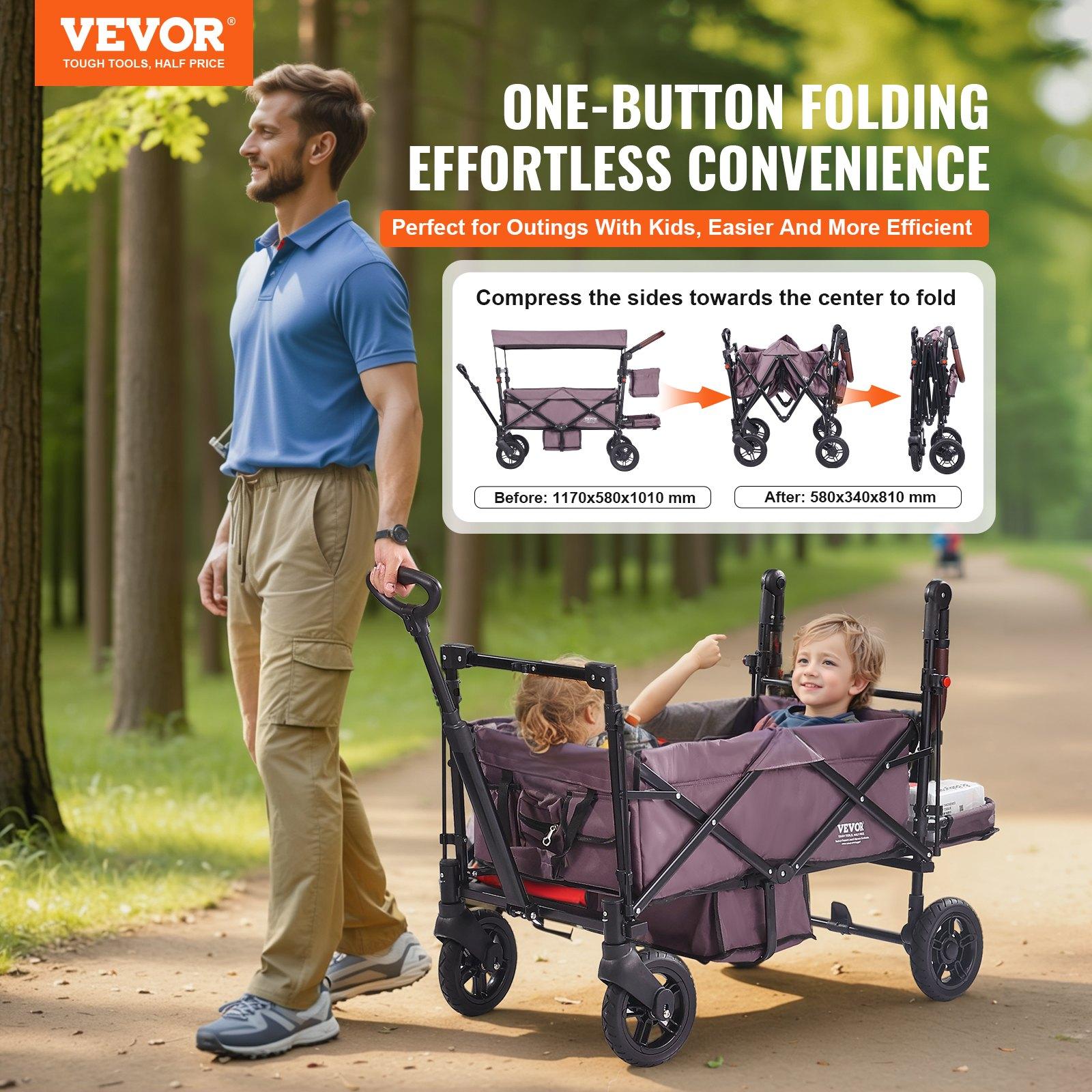 VEVOR Wagon Stroller for 2 Kids, Push Pull Quad Collapsible Stroller with Adjustable Handle, Encircling Harness Removable Canopy,4 Wheels w/ Brakes,Mutifunction Tandem Stroller for Camping Dark PurpleSummervibes
