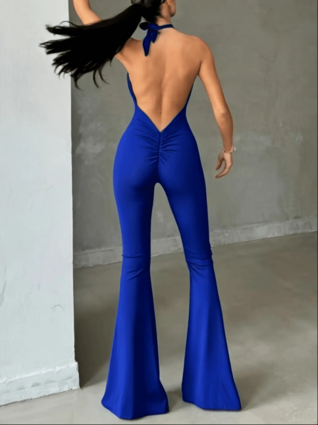 Summer Women's Fashion Tie-Back Halter Backless Sexy Slim Fit Jumpsuit, Casual High-Waisted Flared Bodycon Romper, Trendy Summer