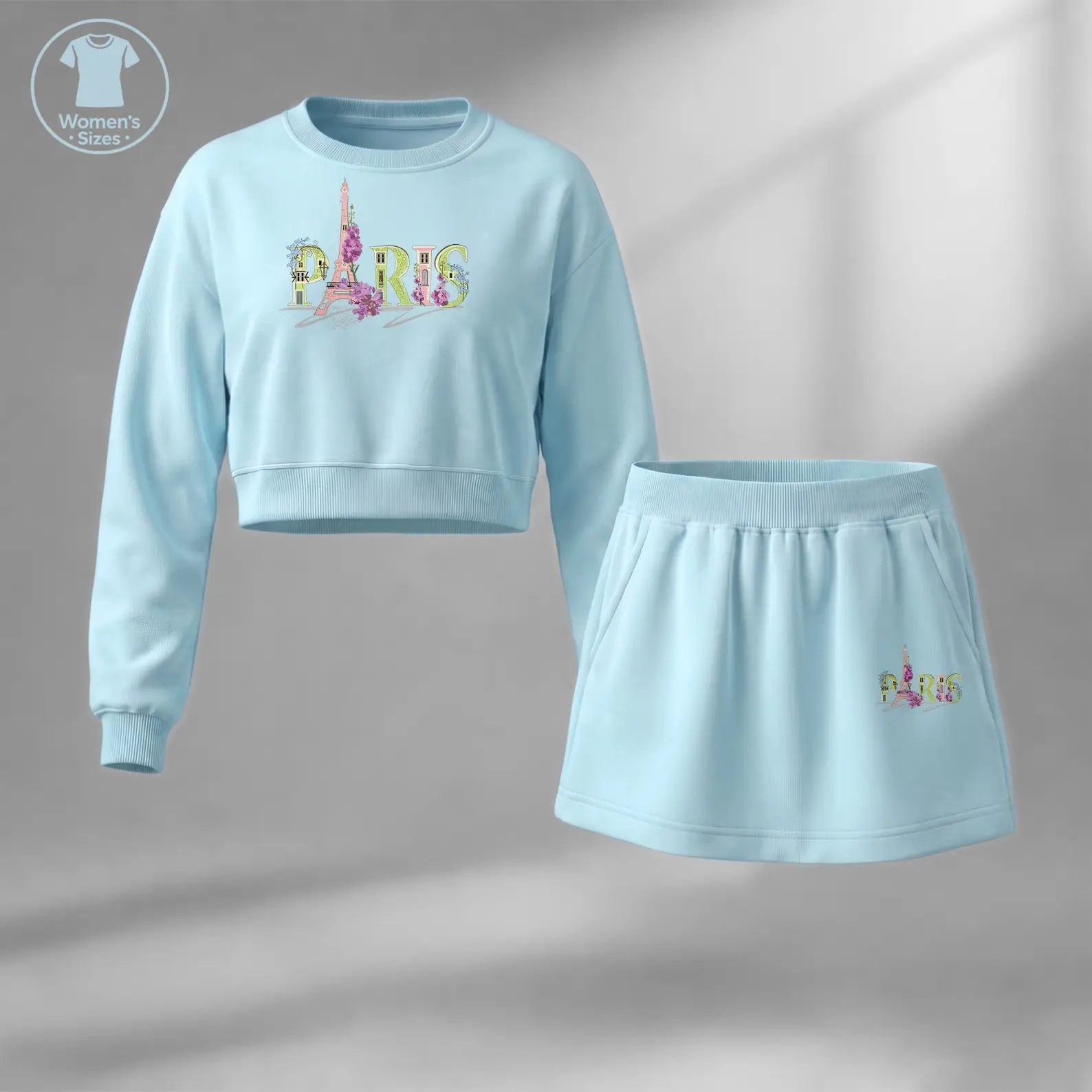 Women’s France Graphic Cropped Sweatshirt Skirt Set, Paris Inspired Two Piece Outfit Featuring Eiffel Tower Print and French City Design, Stylish Long Sleeve Crop Top with Matching Mini Skirt for Fall Fashion, Casual Streetwear and Everyday Looks