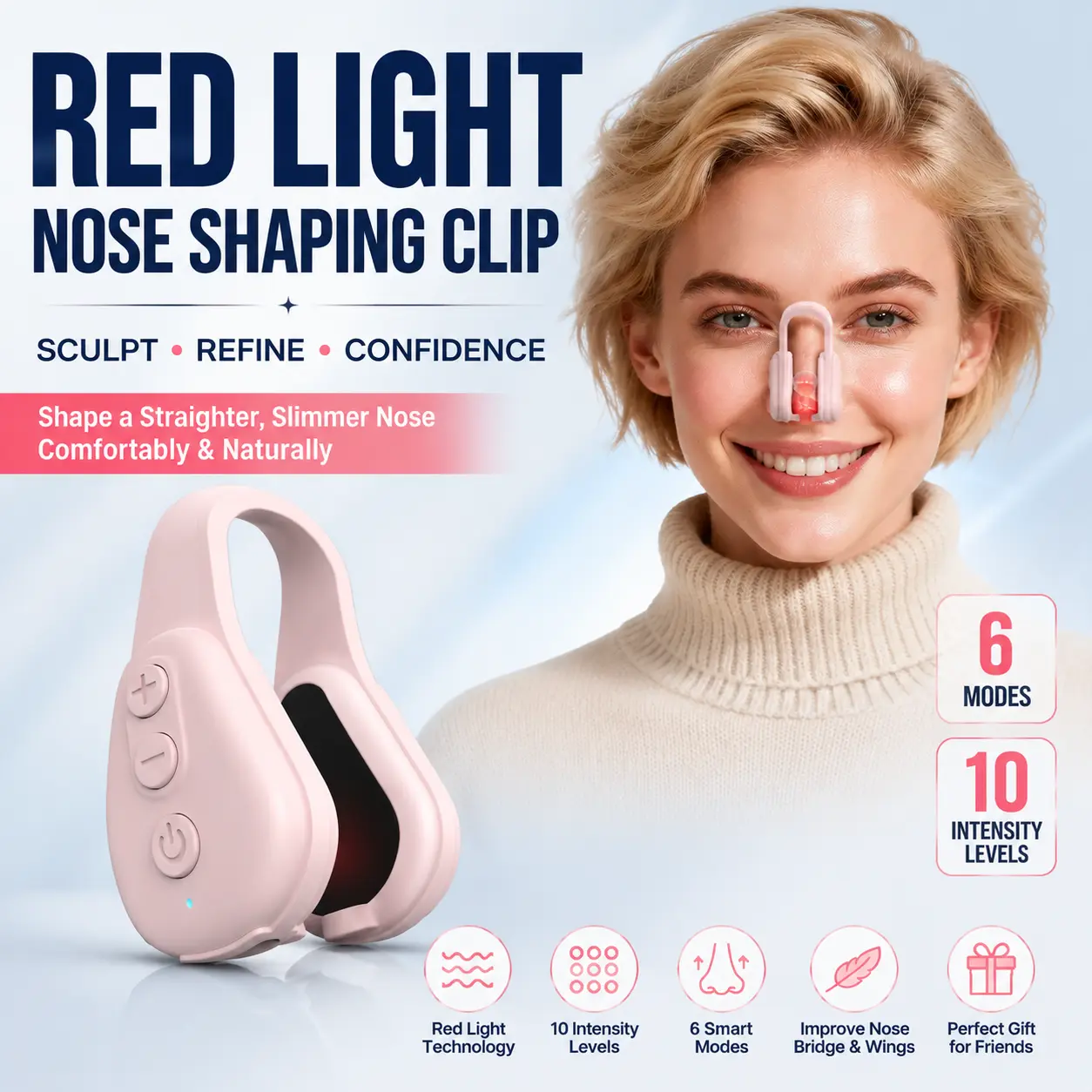 Multi-Function Nose Shaping Device with Red Light Technology, 6 Smart Massage Modes & 10 Intensity Options, Comfortable Nose Wing Sculptor for Refining Facial Appearance and Everyday Beauty Care