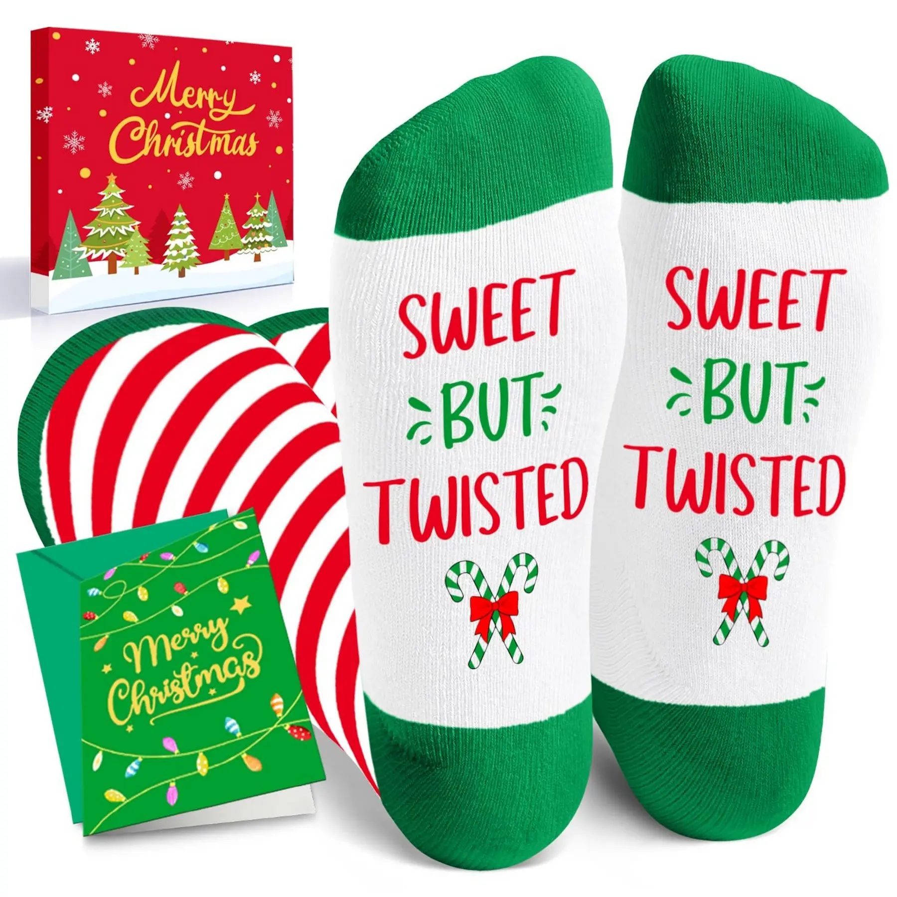 HAPPYPOP Christmas Knee High Socks for Adults - Xmas Gifts Christmas Socks Elf Stocking Stuffer with Greeting Card