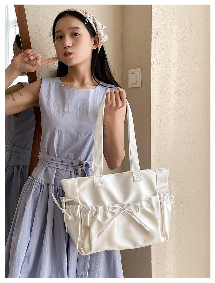 Sweet Ballet Style Girl Tote Ruched Bow Chic Student Preppy Style Shoulder Bag Large Capacity Cute Elegant Handbag