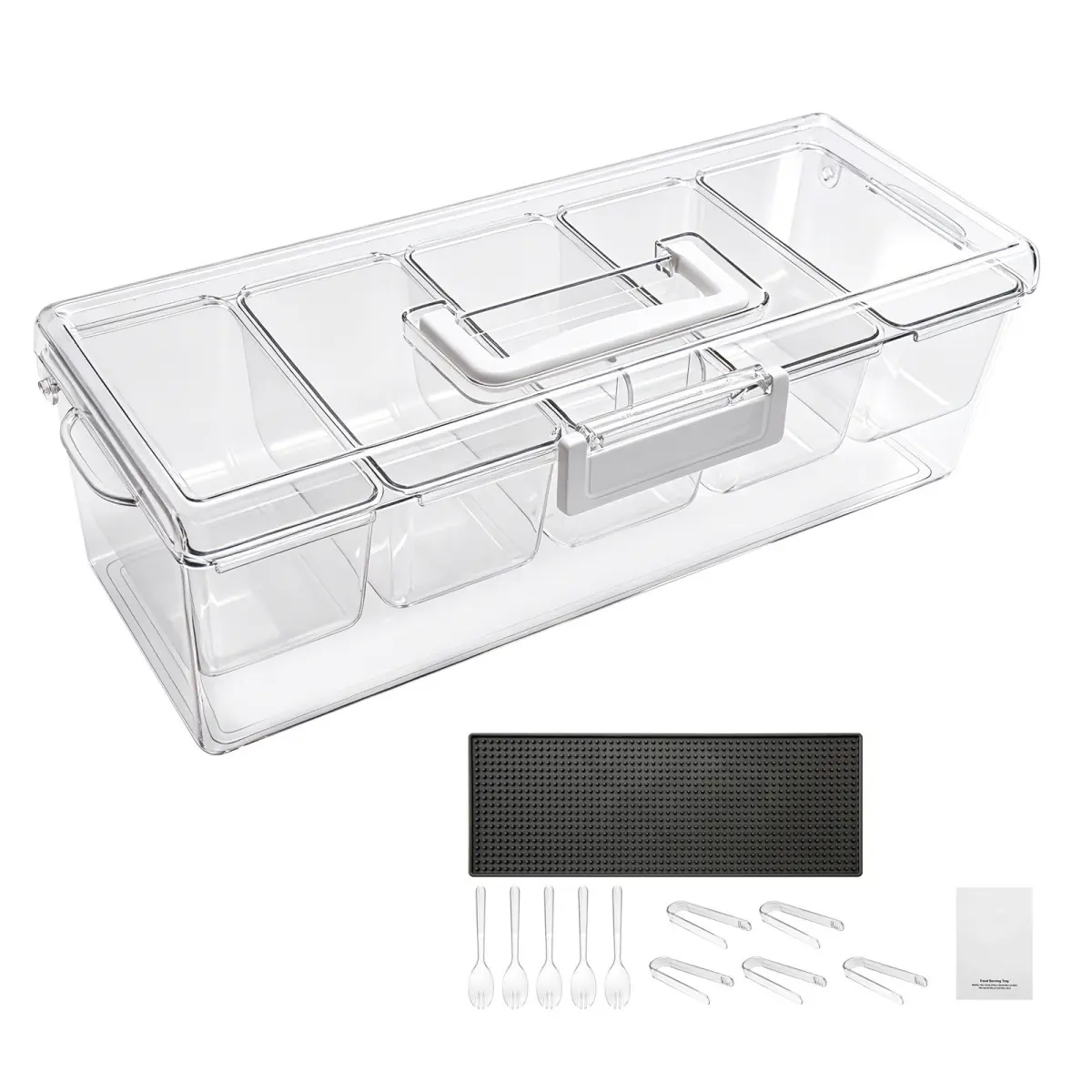 Chilled Condiment Server Caddy 5 Compartment Ice Cooled Serving Container Plastic Fruit Garnish Tray Platter with Lid Perfect for Taco Salad Bar Accessories Party Home Restaurant Supplies On Site storage