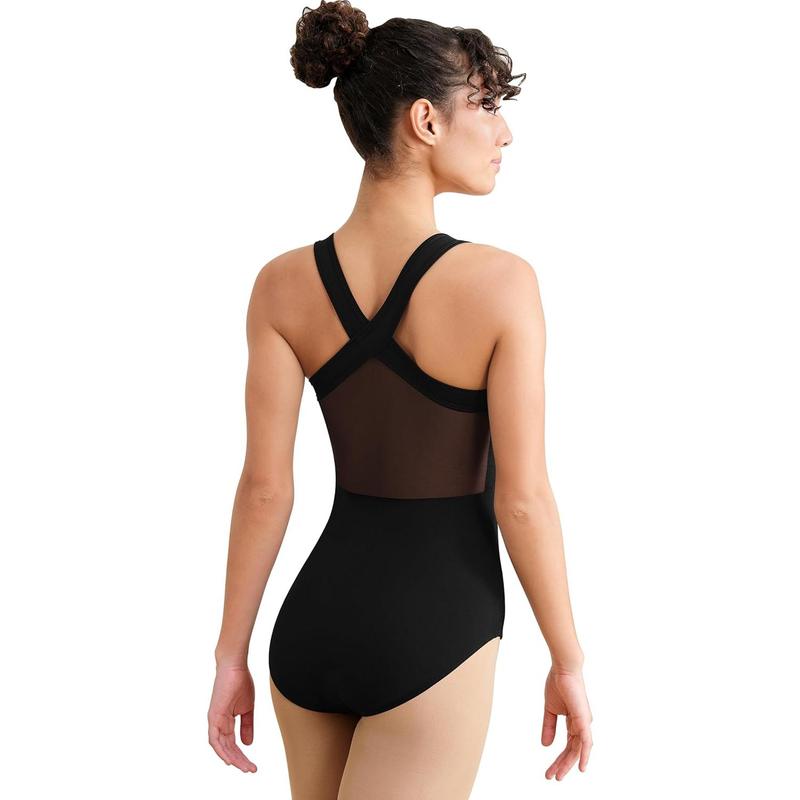 Women Dance Leotard Adult Ballet Tank, Gymnastic Dancewear with Crisscross Straps, Mesh Splicing Back