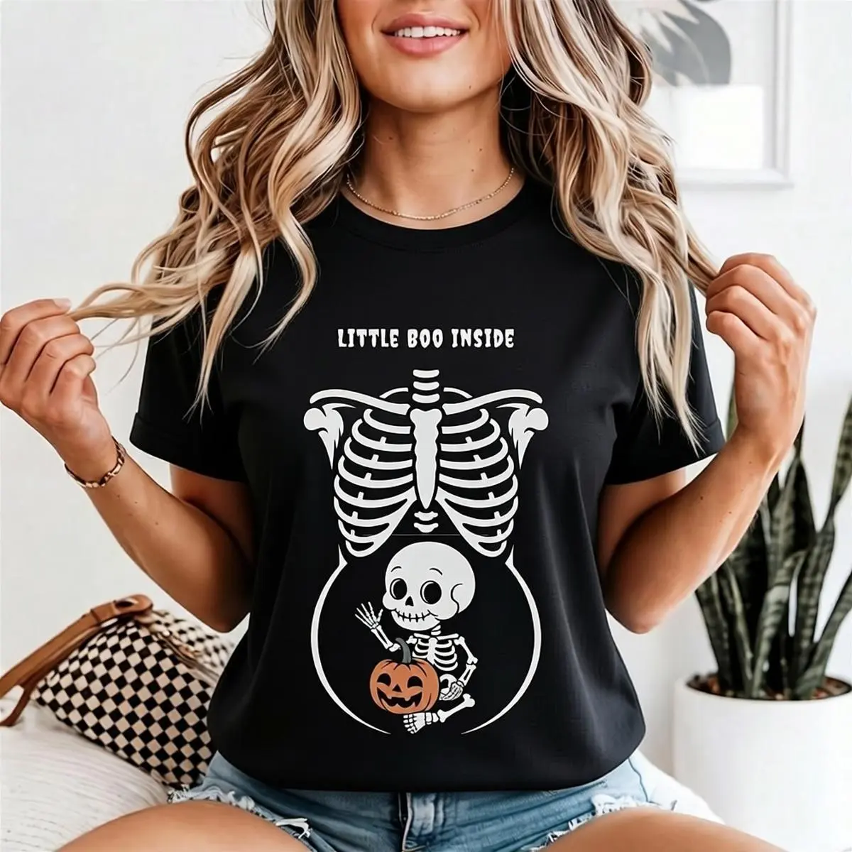 Customized Maternity Halloween T-Shirt, Funny Skeleton Graphic Short Sleeve Knitted Cotton Top, Pregnancy Announcement Gift for Mommy To Be, Sporty, Shortsleeve, Graphics, Casual, Day, Round Neck, Simple