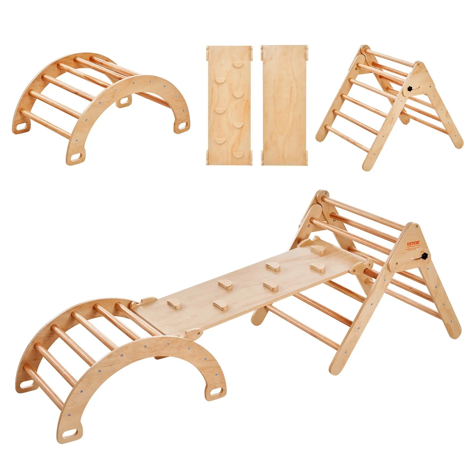VEVOR Pikler Triangle Set, 5 in 1 Toddler Climbing Toys Indoor Playground, Ramp, and Arch, Montessori Climbing Set with Triangle, Large Size Wooden Climbing Gym for Toddlers 1-3 Years, Wood Color