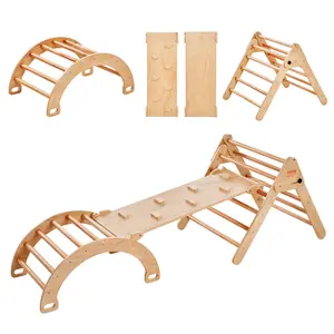 VEVOR Pikler Triangle Set, 5 in 1 Toddler Climbing Toys Indoor Playground, Ramp, and Arch, Montessori Climbing Set with Triangle, Large Size Wooden Climbing Gym for Toddlers 1-3 Years, Wood Color