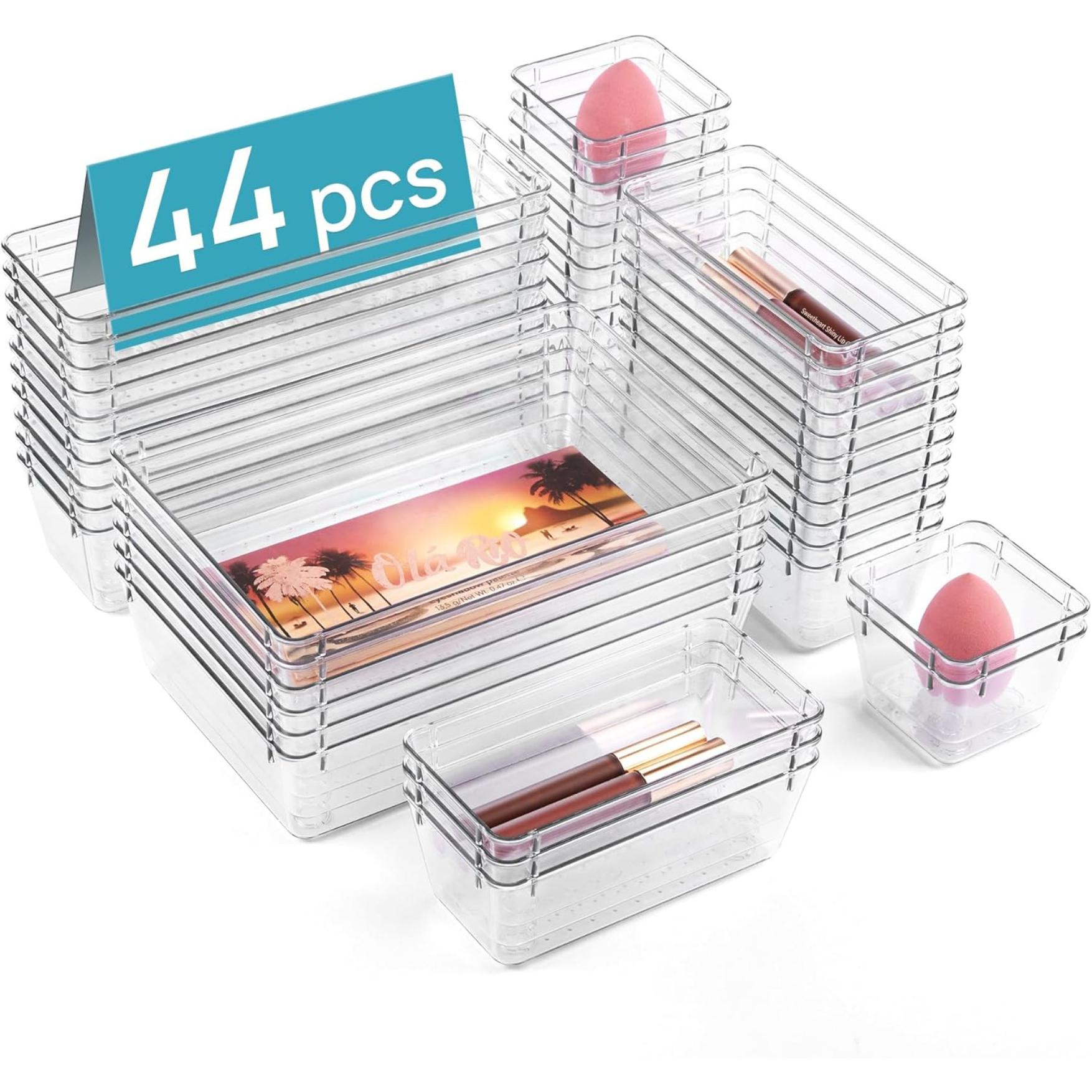 44 PCS Clear Plastic Drawer Organizers Set, 4-Size Versatile Bathroom and Vanity Organizer Trays, Non-Slip Storage Containers for Makeup, Jewelries, Bedroom,Kitchen Utensils and Office 44 PCS Clear Plastic Drawer Organizers Set, 4-Size Versatile Bathroom and Vanity Organizer Trays, Non-Slip Storage Containers for Makeup, Jewelries, Bedroom,Kitchen Utensils and Office