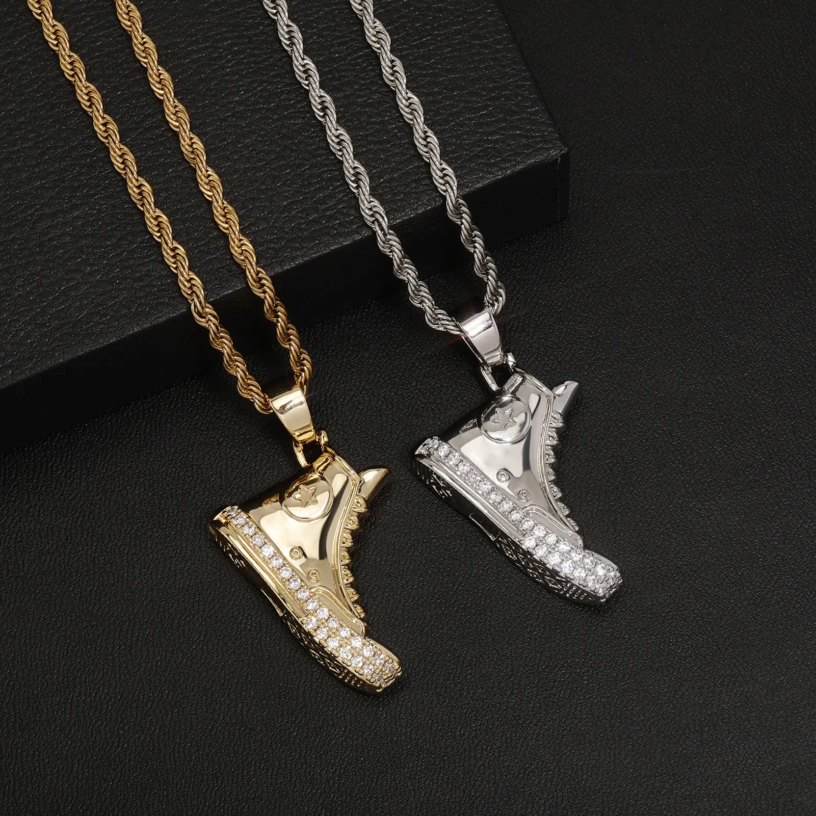 Men's Hip-Hop Diamond-Encrusted Football Shoe Pendant Necklace, Trendy Plain Chain, Real Gold-Plated Copper Pendant