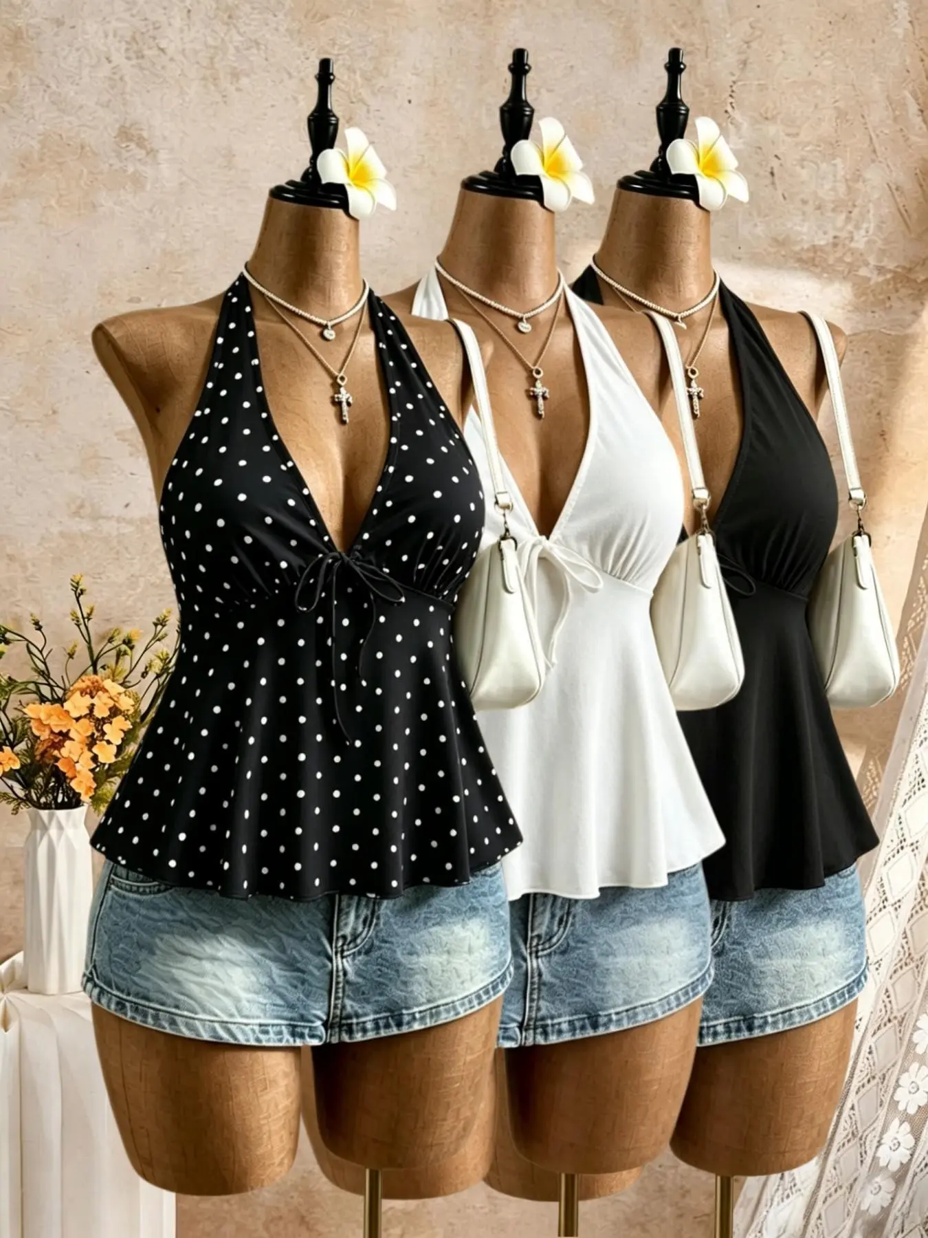 Three-Piece Solid Color Drop Waist Sleeveless Deep V Halter Neck Tie-Back Tank Top, Summer Street Style Casual Versatile Slim Fit Top, Perfect for Outdoor Activities